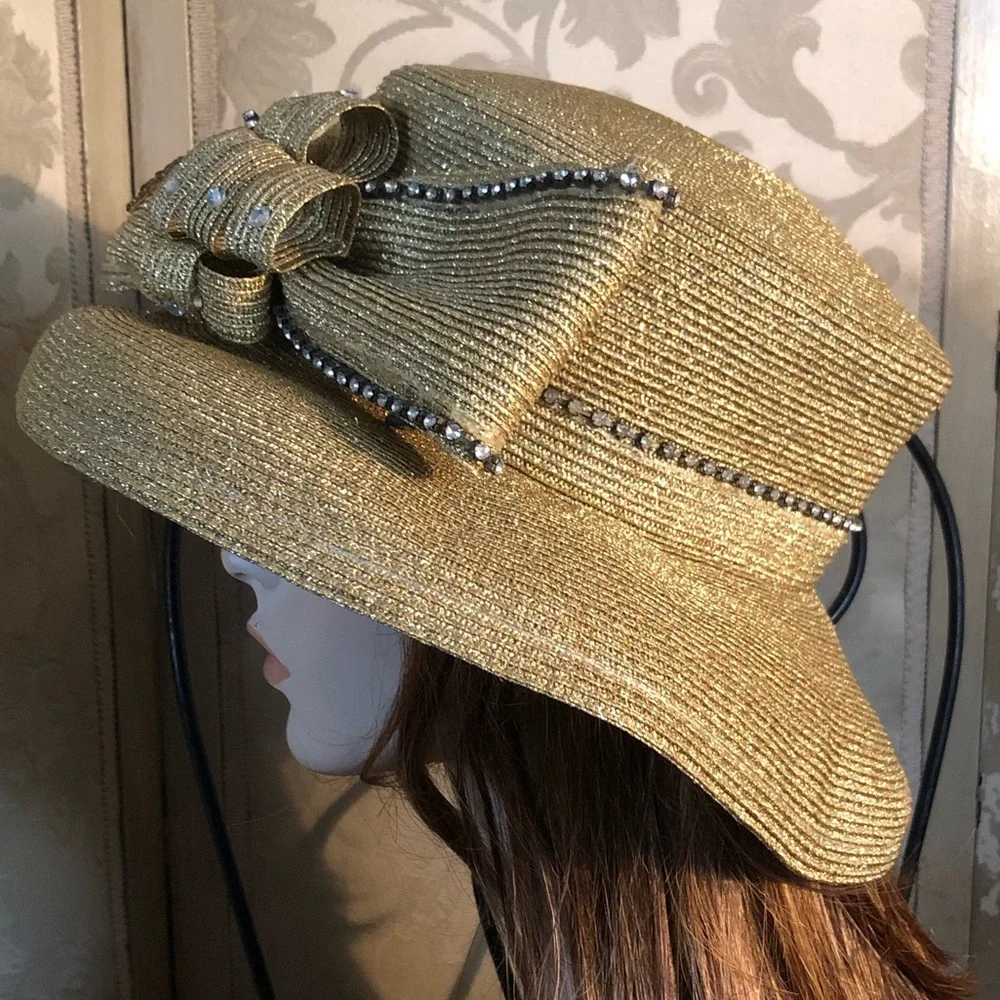 Vintage Wide Brim Embellished Gold Metallic Hat - Picture 5 of 11